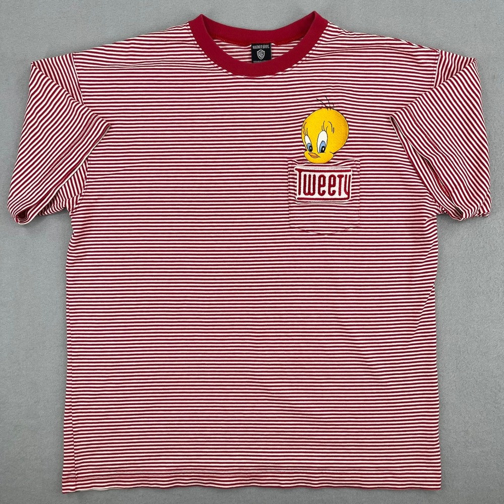 Vintage Warner Bros Studio Store Tweety‎ Bird Striped Pocket T-Shirt Mens Medium